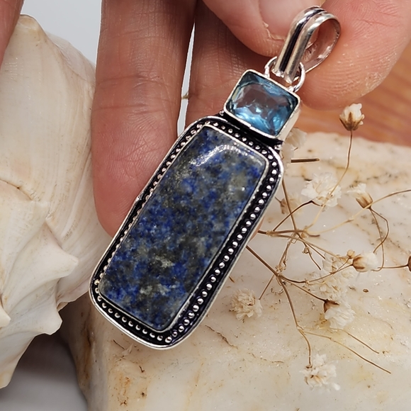 Nnatural Lapis/Blue Topaz Stone Silver 925 Pendant/Necklace - Picture 8 of 11